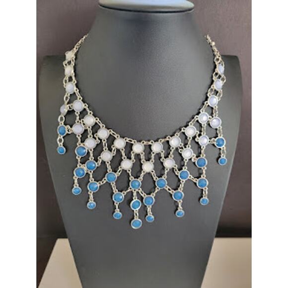 New York & Co Mesh Silver Tone Bib Necklace with Blue Faceted Stones - Picture 5 of 6
